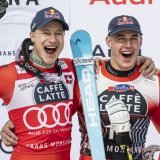 Fantastique podium 100% suisse à Crans-Montana, de gauche à droite, Marco Odermatt (2ème), Franjo von Allmen (1er) et Alexis Monney (3ème)